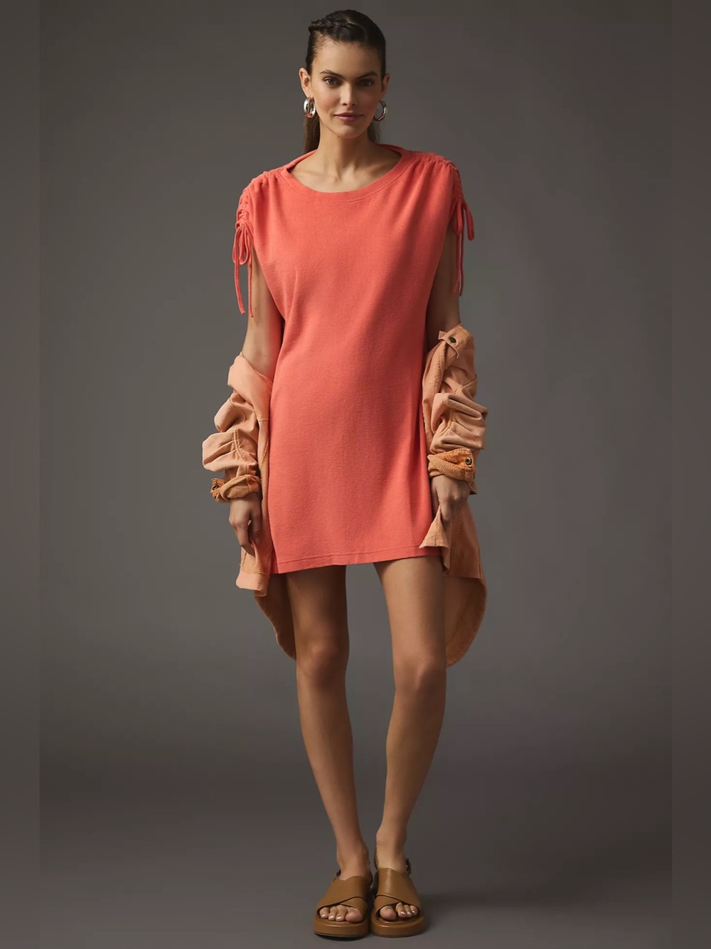 Anthropologie Shoulder-Tie Terry Dress tunic oversized Coral Ruched Mini Large